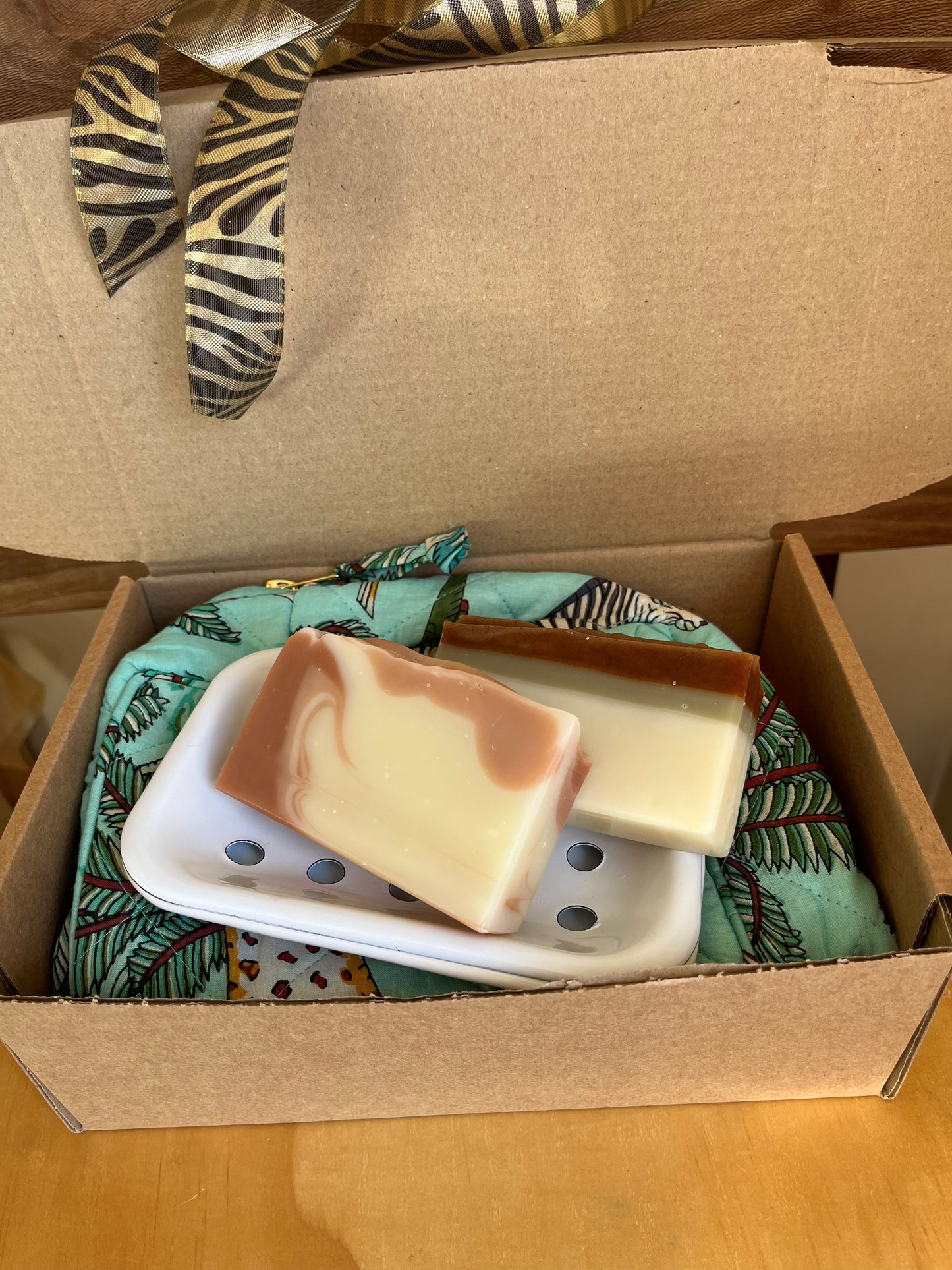 Gift Box ~Hand screen printed jungle print cotton toiletry bag - jade, white enamel soap dish, Mopane Moon soap, Kalahari Sands soap.