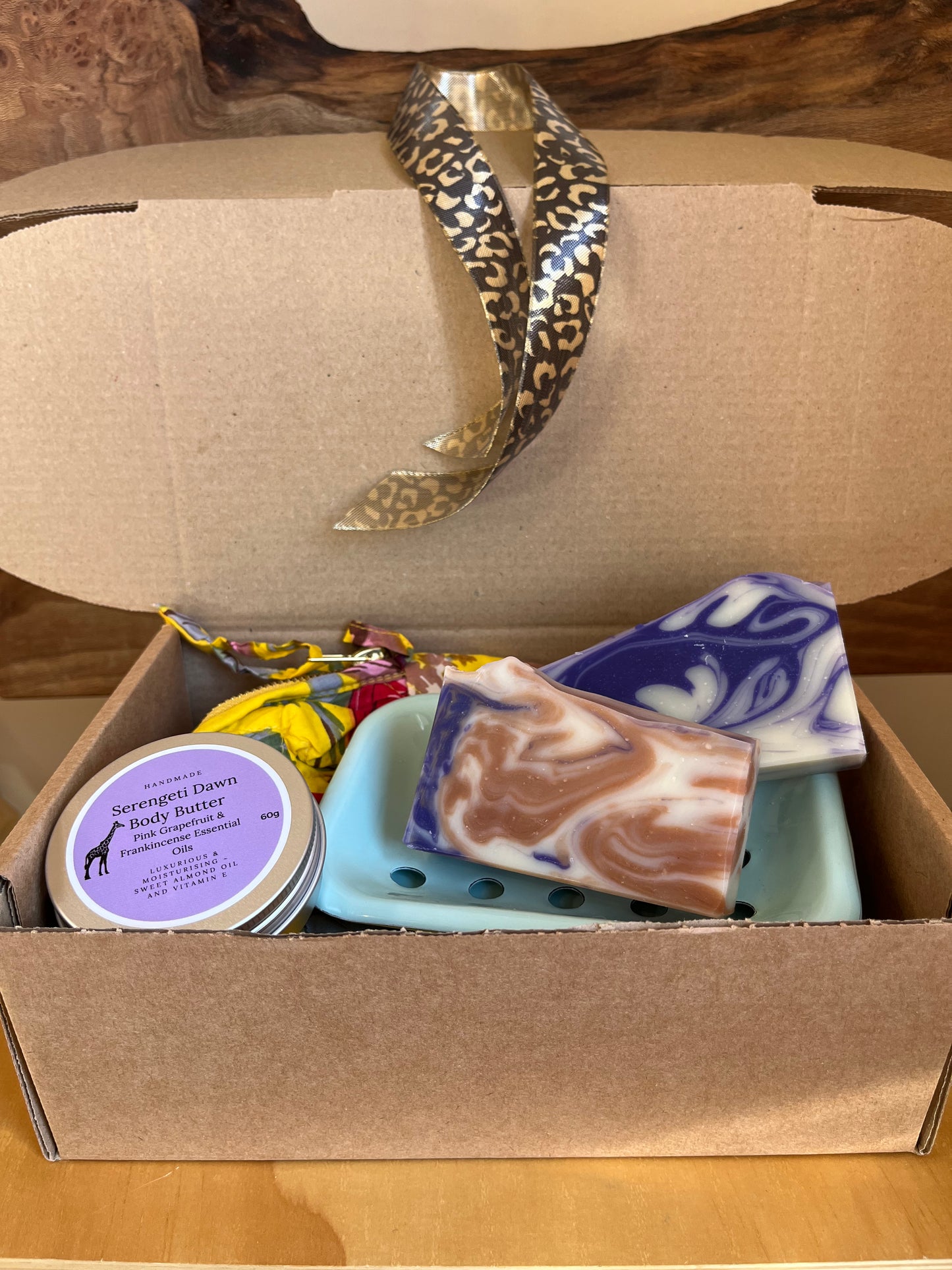 Gift Box ~Hand screen printed bird of paradise cotton toiletry bag - yellow, green enamel soap dish, Serengeti Dawn soap, Jacranda's Promise soap & Serengeti Dawn Body Butter