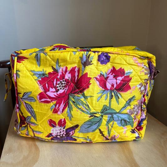 Hand screen printed bird of paradise cotton toiletry bag - yellow