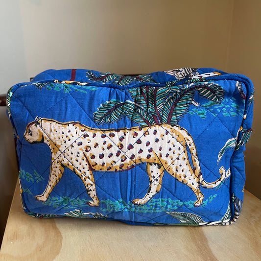Hand screen printed jungle print cotton toiletry bag - blue