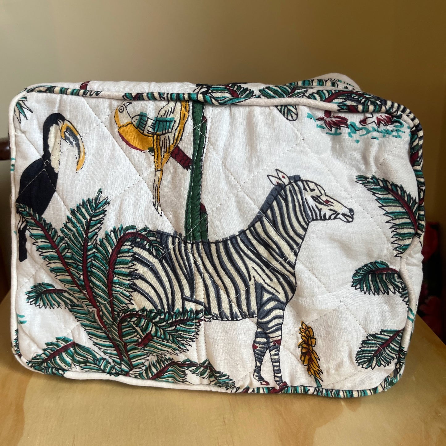 Hand screen printed jungle print cotton toiletry bag - white
