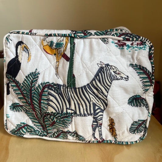 Hand screen printed jungle print cotton toiletry bag - white