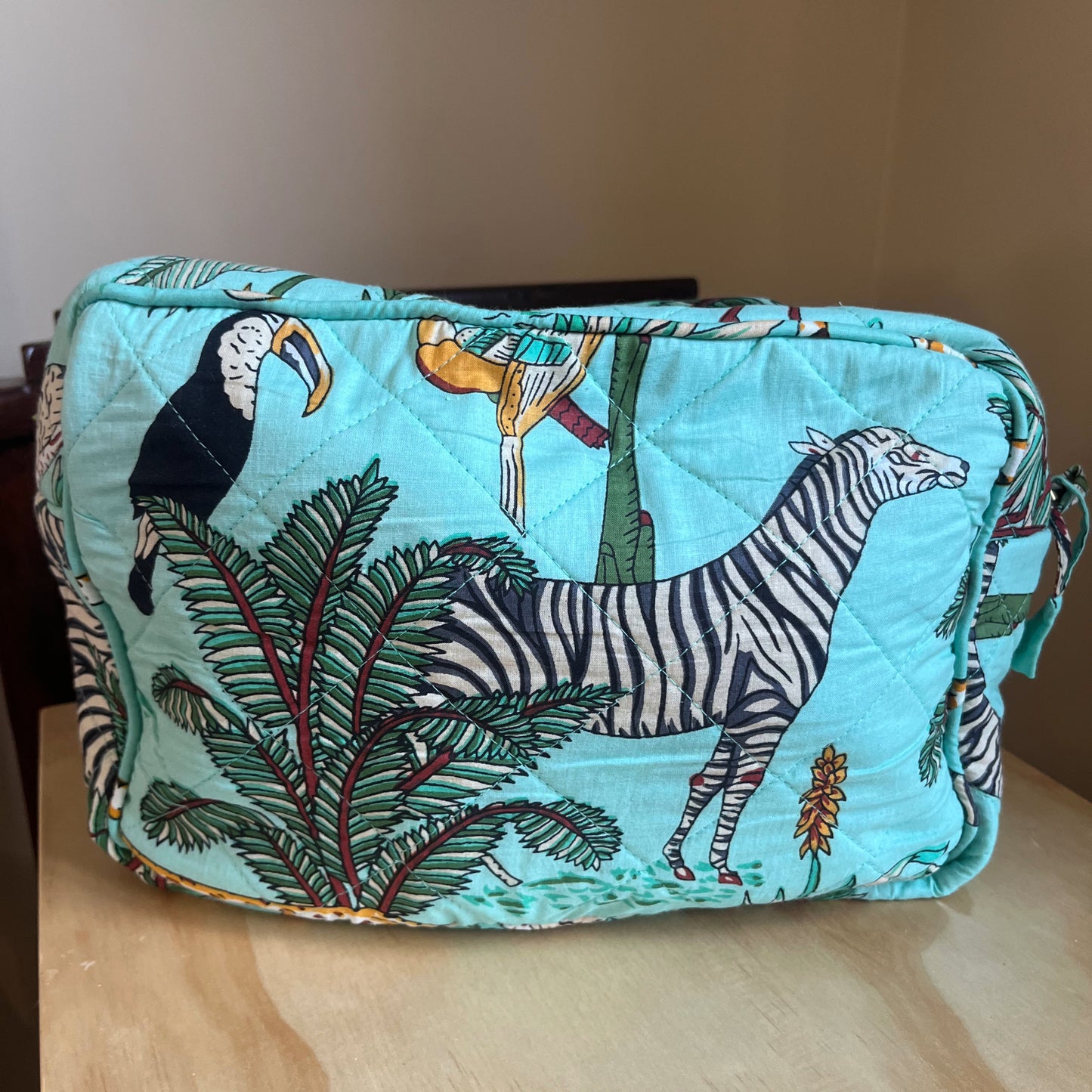 Hand screen printed jungle print cotton toiletry bag - jade