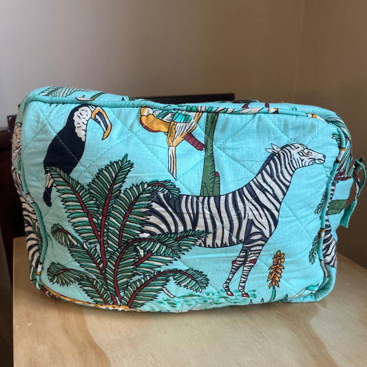 Hand screen printed jungle print cotton toiletry bag - jade