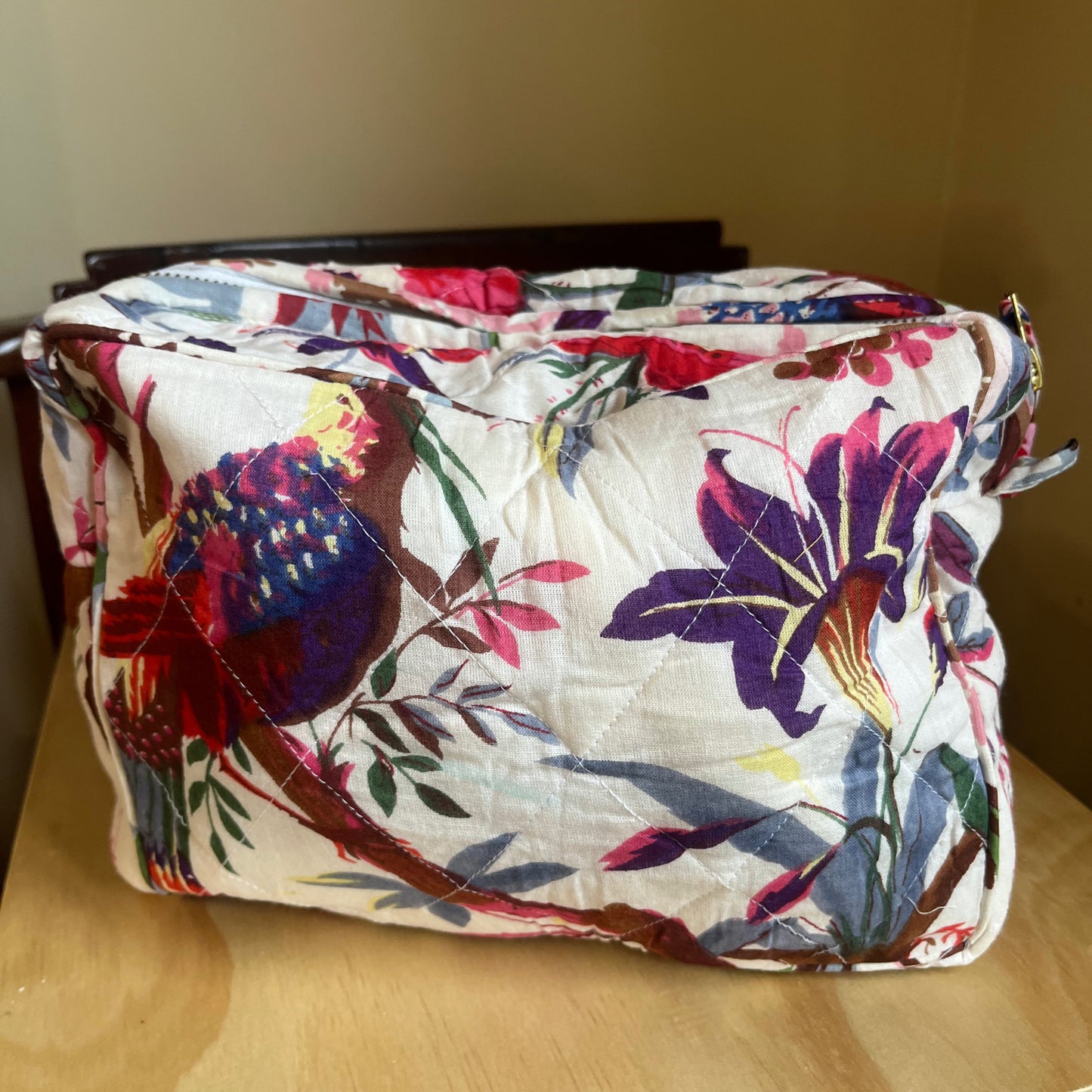 Hand screen printed bird of paradise cotton toiletry bag - white