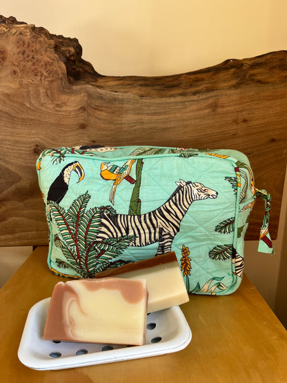 Gift Box ~Hand screen printed jungle print cotton toiletry bag - jade, white enamel soap dish, Mopane Moon soap, Kalahari Sands soap.