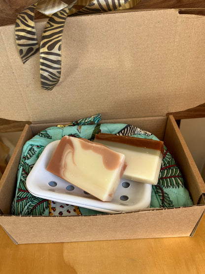 Gift Box ~Hand screen printed jungle print cotton toiletry bag - jade, white enamel soap dish, Mopane Moon soap, Kalahari Sands soap.