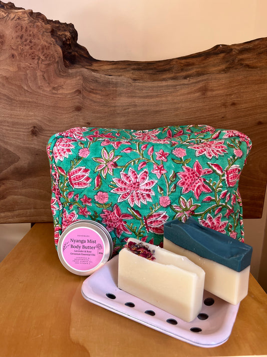 Gift Box ~Sanganeri Block Print Toiletry Bag, pink enamel soap dish, Nyanga Mist soap, Beira Memories soap & Nyang Mist body butter