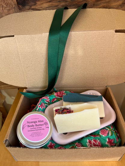 Gift Box ~Sanganeri Block Print Toiletry Bag, pink enamel soap dish, Nyanga Mist soap, Beira Memories soap & Nyang Mist body butter