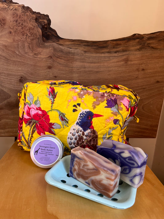 Gift Box ~Hand screen printed bird of paradise cotton toiletry bag - yellow, green enamel soap dish, Serengeti Dawn soap, Jacranda's Promise soap & Serengeti Dawn Body Butter